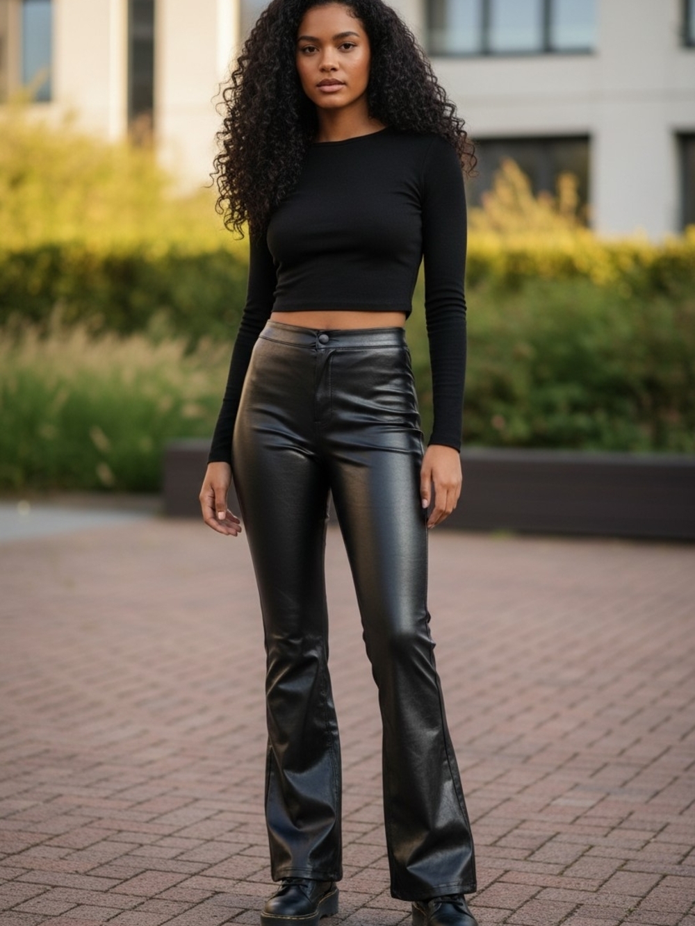 Black Faux Leather Flared Pants